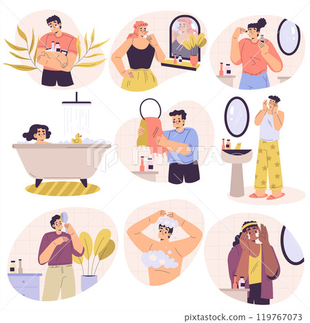 Personal Care with Man and Woman Character Enjoy Grooming Procedure Vector Set Personal Care with Man and Woman Character Enjoy Grooming Procedure Vector Set 119767073