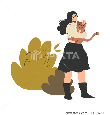 Woman Character Carry Cat Pet as Domestic Animal Vector Illustration 119767096