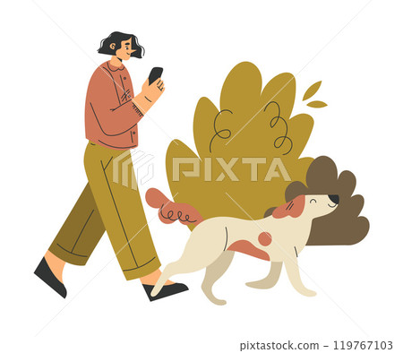 Woman Character Walking Dog Pet as Domestic Animal Vector Illustration 119767103