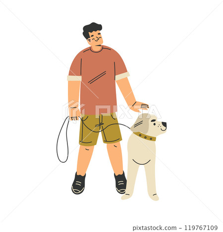 Boy Character with Dog Pet on Leash as Domestic Animal Vector Illustration 119767109