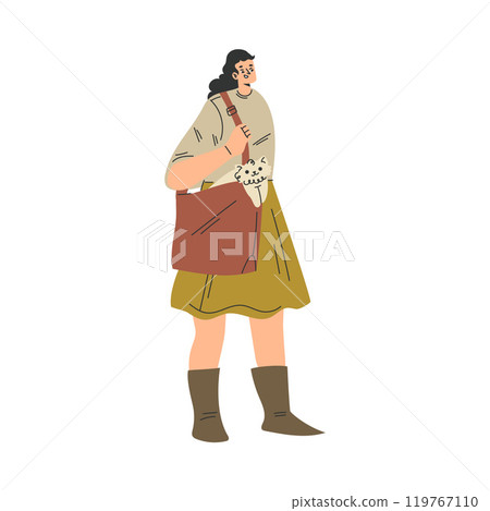 Woman Character with Cat Pet in Bag as Domestic Animal Vector Illustration Woman Character with Cat Pet in Bag as Domestic Animal Vector Illustration 119767110