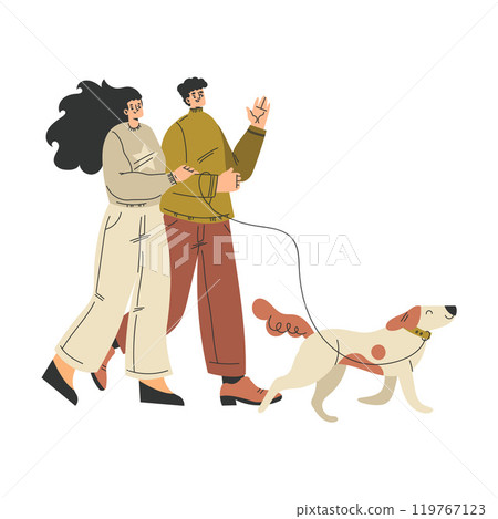 Man and Woman Character Walking Dog Pet with Leash as Domestic Animal Vector Illustration 119767123