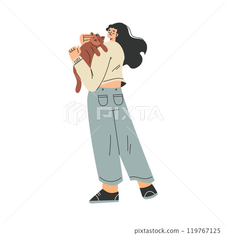 Woman Character with Cat Pet as Domestic Animal Vector Illustration 119767125