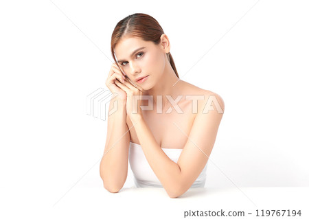 Beautiful young asian woman with clean fresh skin on white background, Face care, Facial treatment, Cosmetology, beauty and spa, Asian women portrait. 119767194