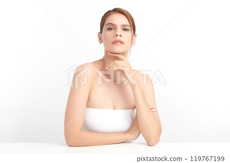 Beautiful young asian woman with clean fresh skin on white background, Face care, Facial treatment, Cosmetology, beauty and spa, Asian women portrait. 119767199