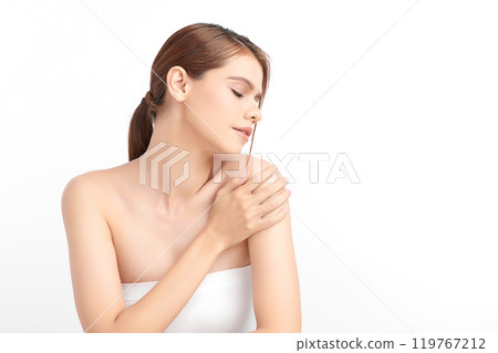 Beautiful young asian woman with clean fresh skin on white background, Face care, Facial treatment, Cosmetology, beauty and spa, Asian women portrait. Beautiful young asian woman with clean fresh skin on white background, Face care, Facial treatment, Cosmetology, beauty and spa, Asian women portrait. 119767212