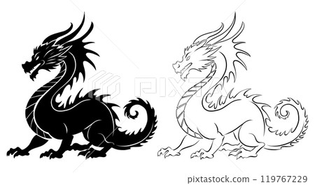 Vector set of dragon silhouette clip art. Chinese zodiac. Collection of black silhouette and outline dragon isolated from background. 119767229