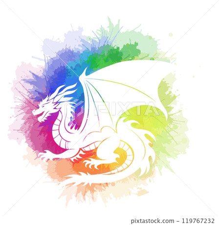 Vector illustration of a white dragon silhouette on a rainbow watercolor background. Silhouette of a mythological creature 119767232