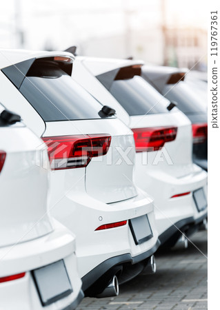Back view many modern new SUV cars fleet stock at dealership parking lot. Automobile market production factory industry warehouse. Auto salvage buy and sell auction purchase seller platform 119767361