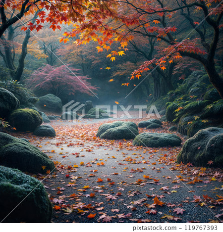 Autumn landscape with colorful trees in a misty park 119767393