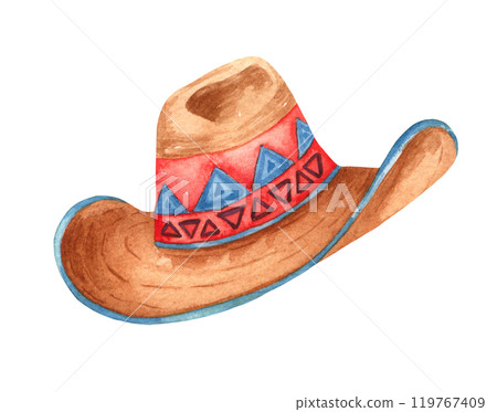 Watercolor sombrero hat. Hand painted rodeo theme design. Countryside western themed illustration Watercolor sombrero hat. Hand painted rodeo theme design. Countryside western themed illustration 119767409
