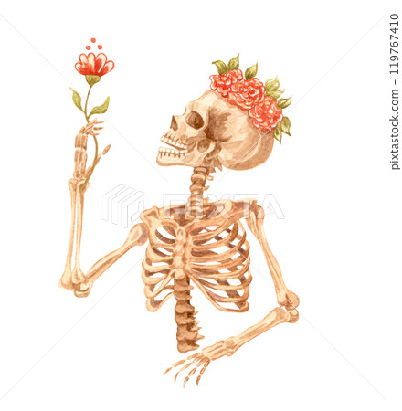 Human scull decorated with floral crown. Watercolor illustration. Mexican day of the dead. Human scull decorated with floral crown. Watercolor illustration. Mexican day of the dead. 119767410