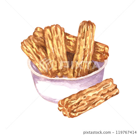 Watercolor Churros sticks in a bowl. Mexican Desserts. Hand-drawn illustration. Watercolor Churros sticks in a bowl. Mexican Desserts. Hand-drawn illustration. 119767414