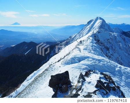 Mt. Akadake seen from Mt. Yokodake in the Yatsugatake Mountains in winter Mt. Akadake seen from Mt. Yokodake in the Yatsugatake Mountains in winter 119767418