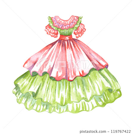 Mexican long traditional dress isolated. Watercolor tabasco dress, decorated red belt. Mexican long traditional dress isolated. Watercolor tabasco dress, decorated red belt. 119767422