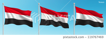 Set of three flags of Yemen waving on flagpoles 119767469