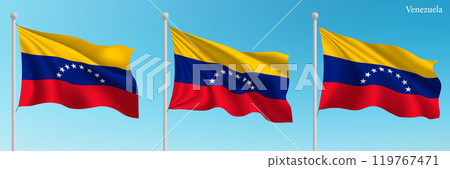 Set of three flags of Venezuela waving on flagpoles 119767471