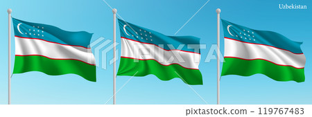 Set of three flags of Uzbekistan waving on flagpoles 119767483