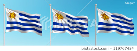 Set of three flags of Uruguay waving on flagpoles 119767484