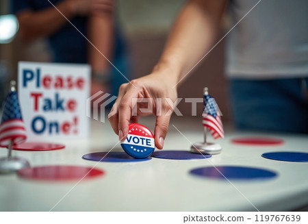 election campaign buttons, Elections voting, Democracy concept, USA flags, Voter Holds Envelope, presidential election USA, voting station workers, 119767639