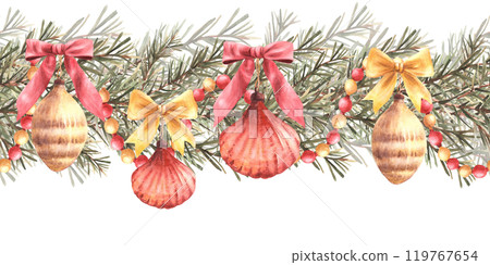 Christmas Spruce branches with retro toys, bows, ribbons and red gold vintage garland Watercolor seamless border. Festive pattern, gift wrapping paper. Hand drawn illustration isolated from background Christmas Spruce branches with retro toys, bows, ribbons and red gold vintage garland Watercolor seamless border. Festive pattern, gift wrapping paper. Hand drawn illustration isolated from background 119767654