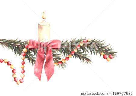 Christmas tree branch with garland and burning white candle with a red bow. Winter advent festive decorated spruce twig. Watercolor hand drawn illustration for greeting card on isolated background Christmas tree branch with garland and burning white candle with a red bow. Winter advent festive decorated spruce twig. Watercolor hand drawn illustration for greeting card on isolated background 119767685