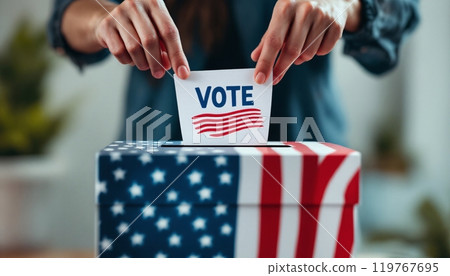 Election United States, hand dropping vote, ballot box, Voter Holds Envelope, putting paper ballots, election day, american flag, election place, Background With Copy-Space 119767695