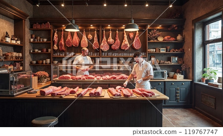 meat factory worker, butcher selling meat, grocery store employee, meat seller, raw steaks 119767747