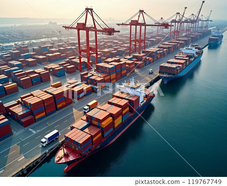 Container ships docked, Delivery concept, Logistic import export, cargo ship carrying, logistics and shipping industry, Global business logistics worldwide shipping concept 119767749