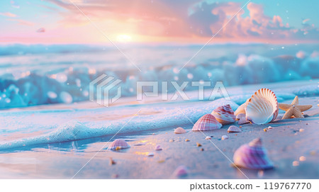 日落時，貝殼和海星排列在海灘上 119767770