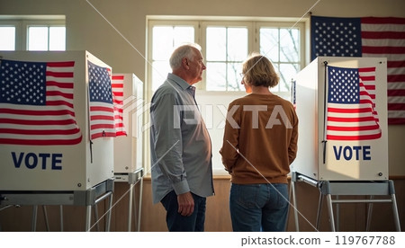 people voting, election place, polling station, Voting box, ballot papers, Freedom Democracy Concept, vote ballot, Background With Copy-Space, USA flags blurred background, Democratic election, 119767788