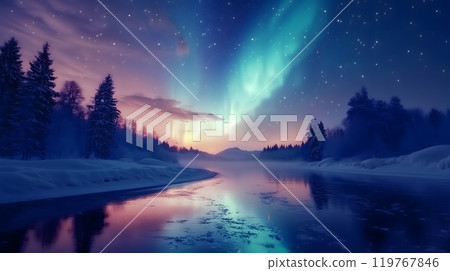 Aurora Borealis (Northern Lights) Over Snowy Mountains and Frozen River in Winter Wilderness_7 Aurora Borealis (Northern Lights) Over Snowy Mountains and Frozen River in Winter Wilderness_7 119767846