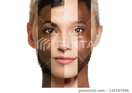 Unique portrait collage combining male and female faces from various ethnicities. Unique portrait collage combining male and female faces from various ethnicities. 119767996