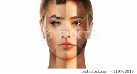 Collage of portraits of men and women from various ethnic backgrounds merged into one face. Collage of portraits of men and women from various ethnic backgrounds merged into one face. 119768016