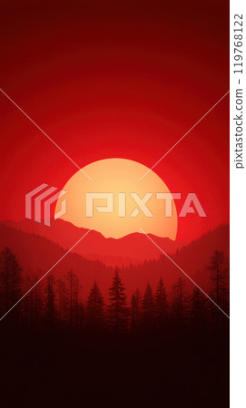 stunning sunset casts warm glow over silhouette of trees and mountains, creating serene and captivating atmosphere. vibrant red sky enhances beauty of nature 119768122