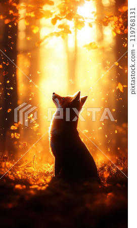 fox gazes upward in golden forest, surrounded by falling leaves, creating serene and magical atmosphere. warm light enhances beauty of nature 119768131