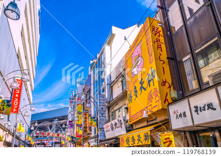 Tokyo cityscape in Japan: View of Shinbashi Station (Karasumori Exit) from the bar district of Shinbashi Nishiguchi Street (October 27th) 119768139