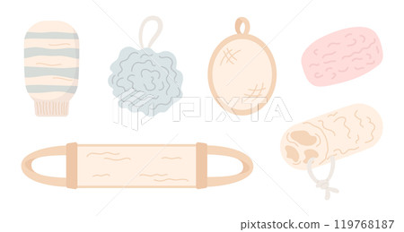 Washcloths, loofah sponge for shower, bath, massage, peeling. Beauty, self-care, bathroom, sauna items. Cartoon flat vector illustration. Washcloths, loofah sponge for shower, bath, massage, peeling. Beauty, self-care, bathroom, sauna items. Cartoon flat vector illustration. 119768187