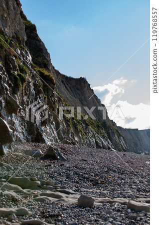 Majestic coastal cliffs rise along a rugged beach under a clear blue sky, creating awe 119768557