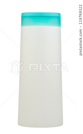 White plastic bottle with closed green cap, for beauty and skincare shower gel or body lotion on a white background White plastic bottle with closed green cap, for beauty and skincare shower gel or body lotion on a white background 119769322