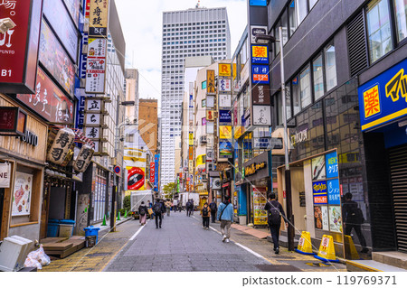 Tokyo cityscape in Japan: Shinjuku West Exit drinking district. People commuting to work in the office district in the back... = 21st Tokyo cityscape in Japan: Shinjuku West Exit drinking district. People commuting to work in the office district in the back... = 21st 119769371