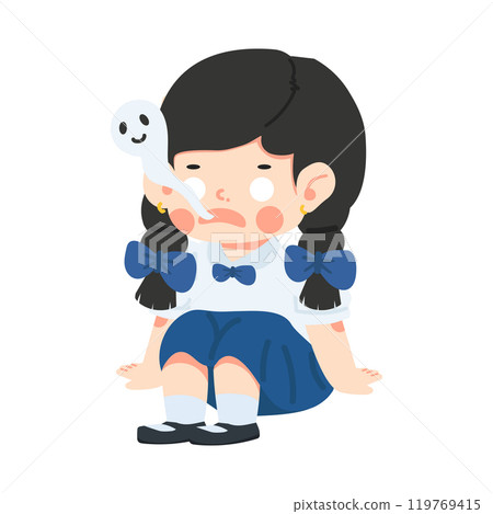 A girl is sitting on the ground with her head down A girl is sitting on the ground with her head down 119769415