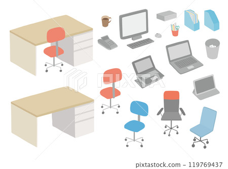 Hand-drawn illustration set of office desks, chairs, computers, etc. 119769437