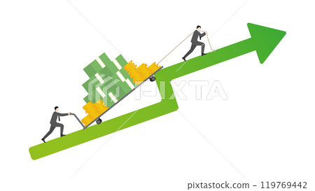 Business people drag a trolley full of cash on green arrow rising, teamwork in business growth, income strategy, financial gain, economic wealth, revenue goal, and attempt investment in a market 119769442