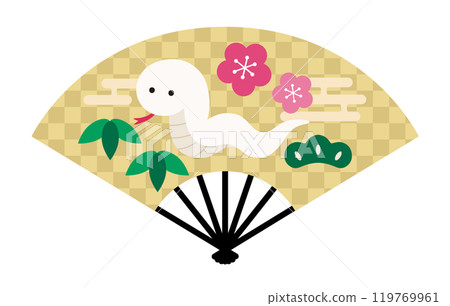 Cute snake and fan vector illustration Snake Year of the Snake White snake New Year's decoration New Year's card 119769961