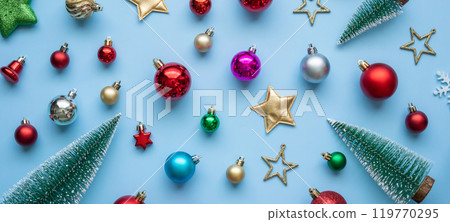 Christmas new year background pine tree ball bauble on blue pastel background Christmas new year background pine tree ball bauble on blue pastel background 119770295