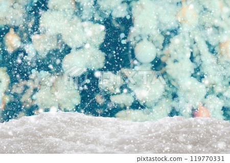 Empty white snow with blur Christmas tree with bokeh light background Empty white snow with blur Christmas tree with bokeh light background 119770331