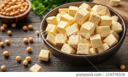 Cubes of soy protein displayed in a bowl, with scattered soybeans and fresh herbs in the background. Cubes of soy protein displayed in a bowl, with scattered soybeans and fresh herbs in the background. 119770339