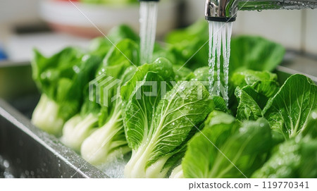 Fresh green bok choy leaves being thoroughly washed under running water, preparing them for a healthy meal. 119770341