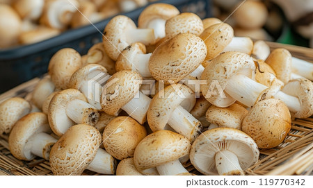 A pile of fresh golden shiitake mushrooms displayed in a woven basket at a market, ready for culinary use. 119770342